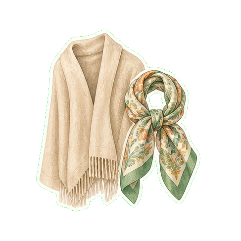 Light cardigan or cashmere wrap + Hermès silk scarf