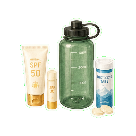 Mineral SPF 50 + lip balm SPF 30 + reusable water bottle 3L + LMNT electrolyte