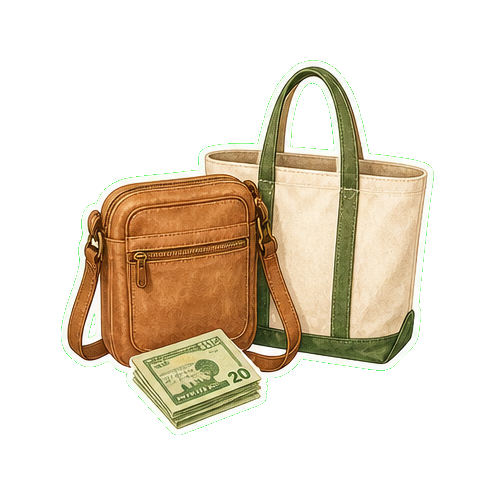 Crossbody bag + cash USD + reusable canvas tote