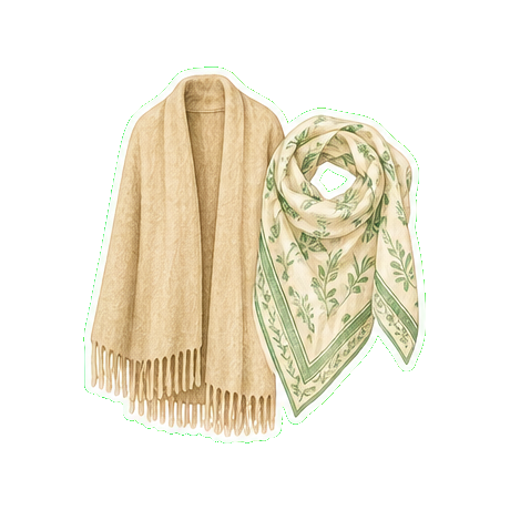 Light cardigan or cashmere wrap + Hermès silk scarf