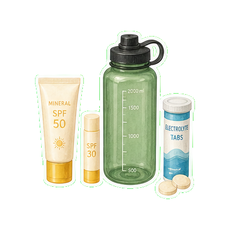 Mineral SPF 50 + lip balm SPF 30 + reusable water bottle 2L + LMNT electrolyte