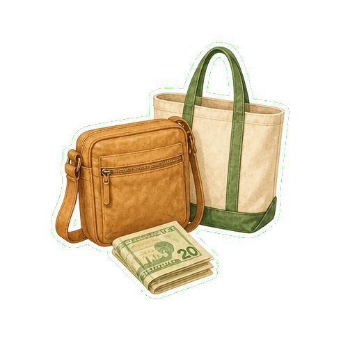 Crossbody bag + cash USD + reusable canvas tote