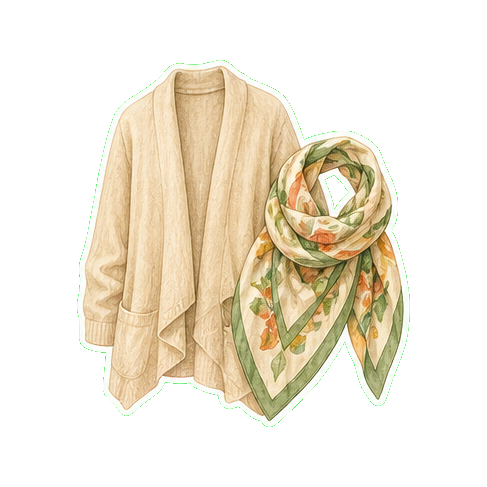 Light cashmere cardigan or wrap + Hermès silk scarf