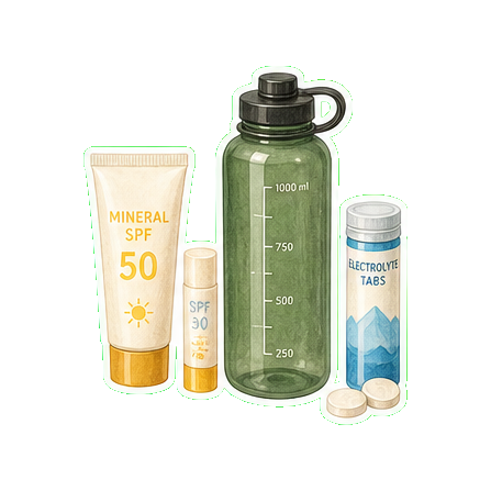 Mineral SPF 50 + lip balm SPF 30 + reusable water bottle 1L + electrolyte tabs