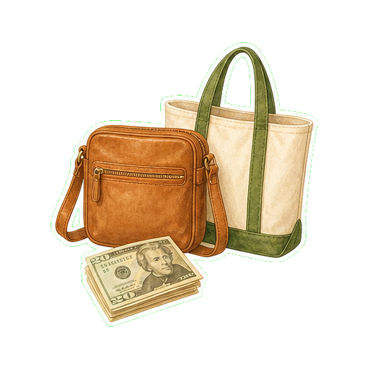 Crossbody bag + cash USD + reusable canvas tote