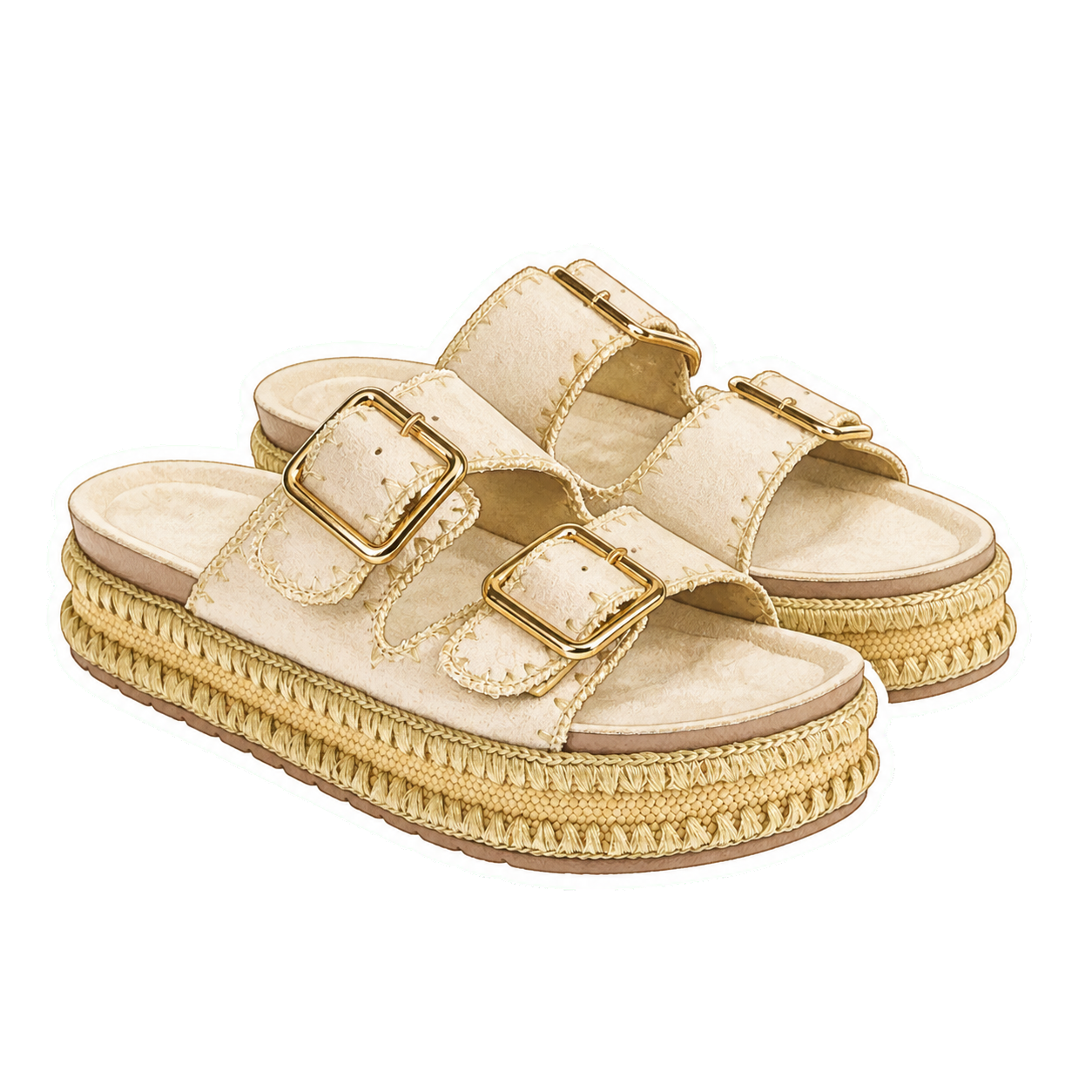 Cream Double-Strap Jute Platform Sandal Pair