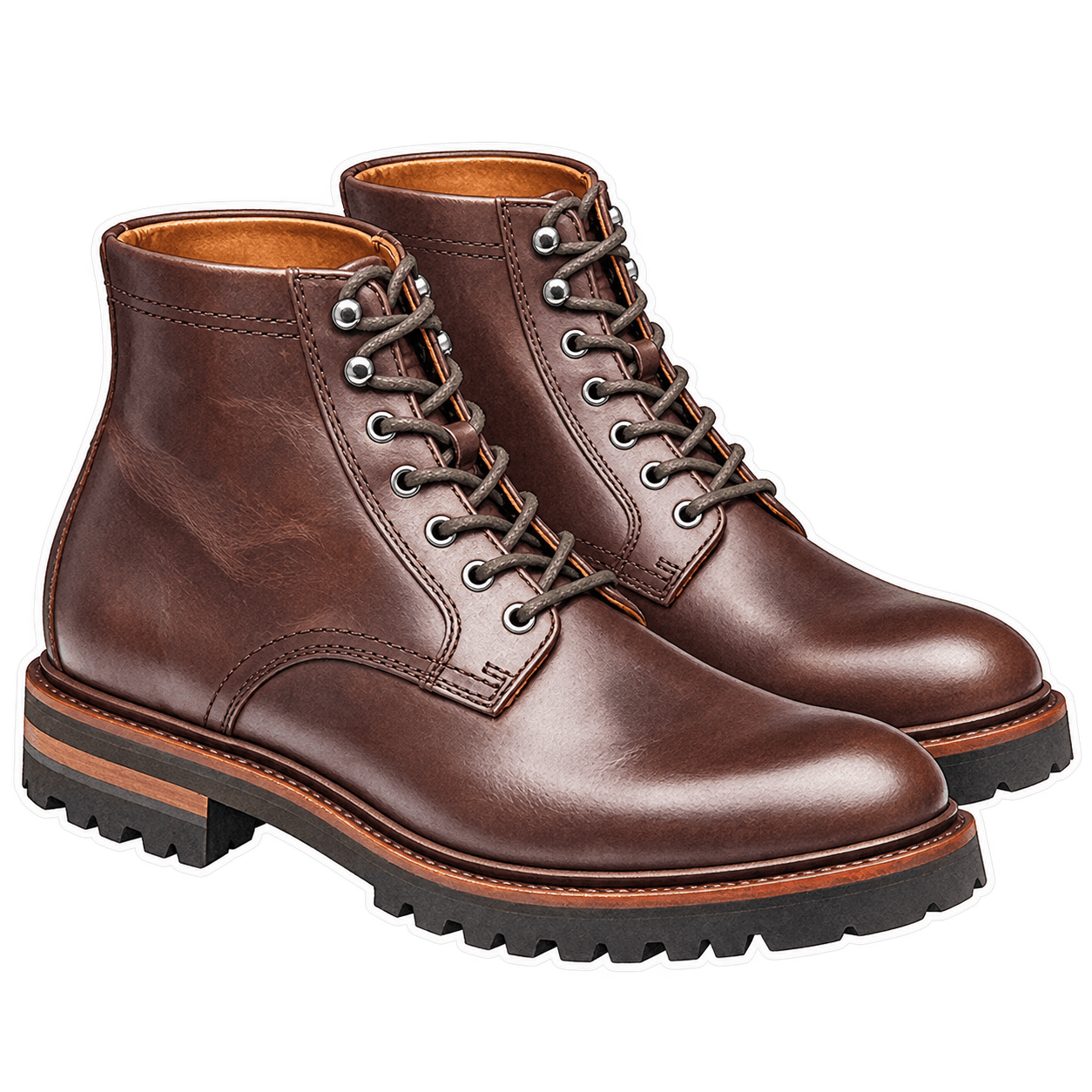 Brown plain-toe leather boots, rubber lug sole