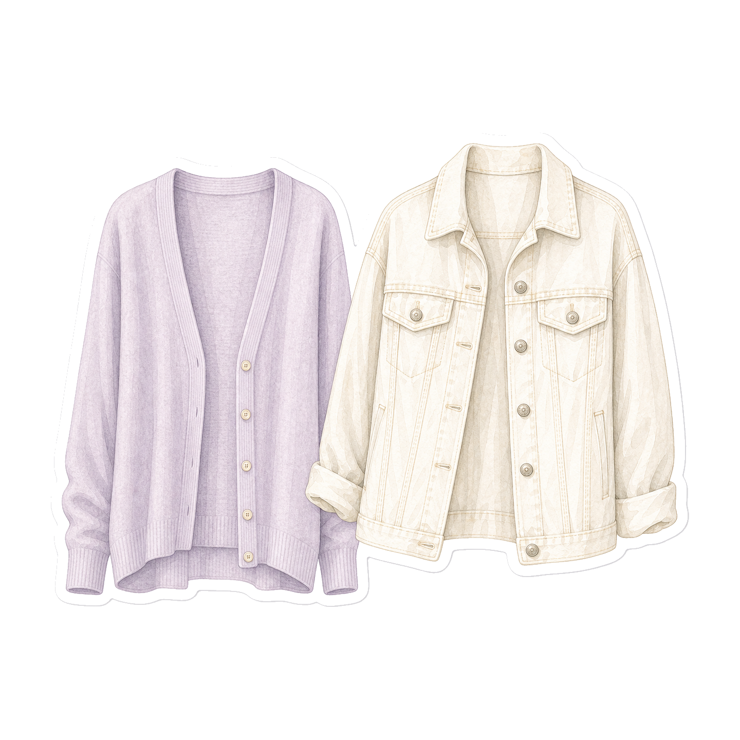 Lavender Cardigan And Ivory Denim Jacket