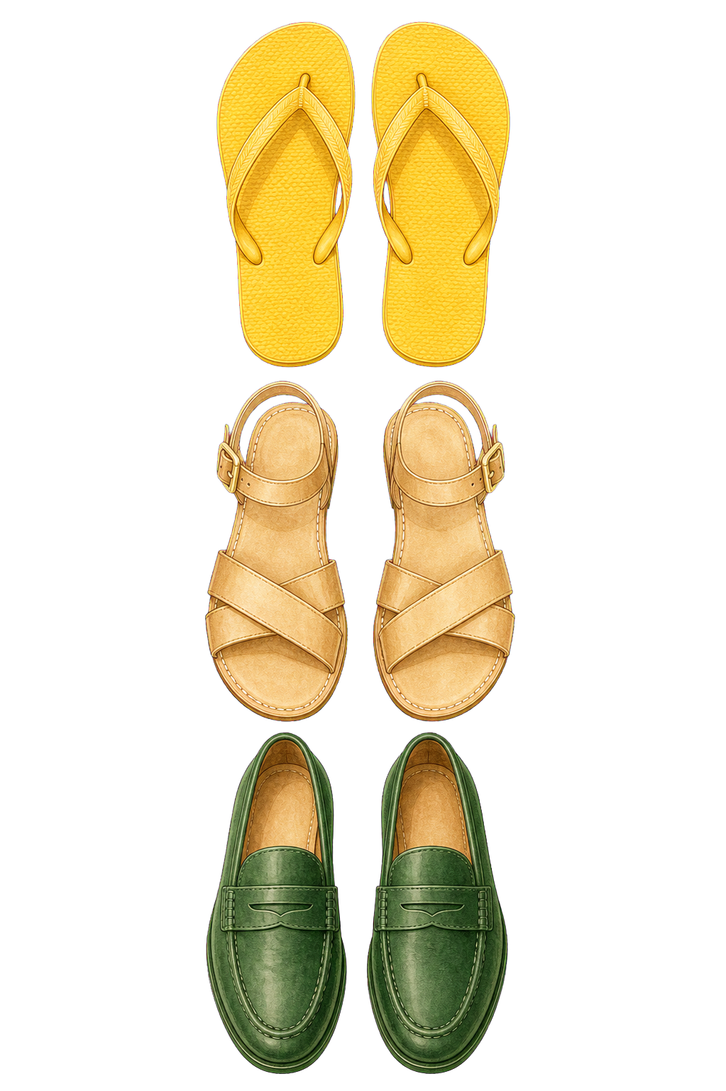 Yellow Sandals Tan Sandals And Green Loafers