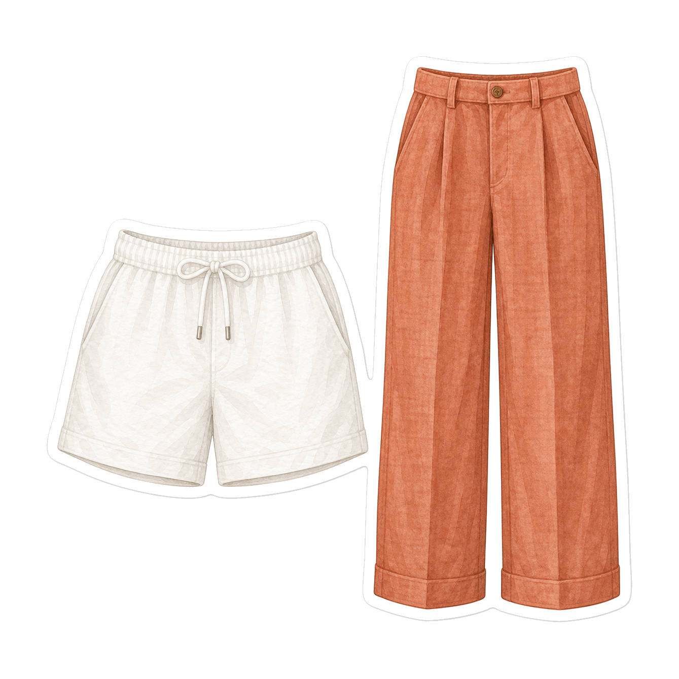 White Cotton Shorts And Terracotta Linen Trousers