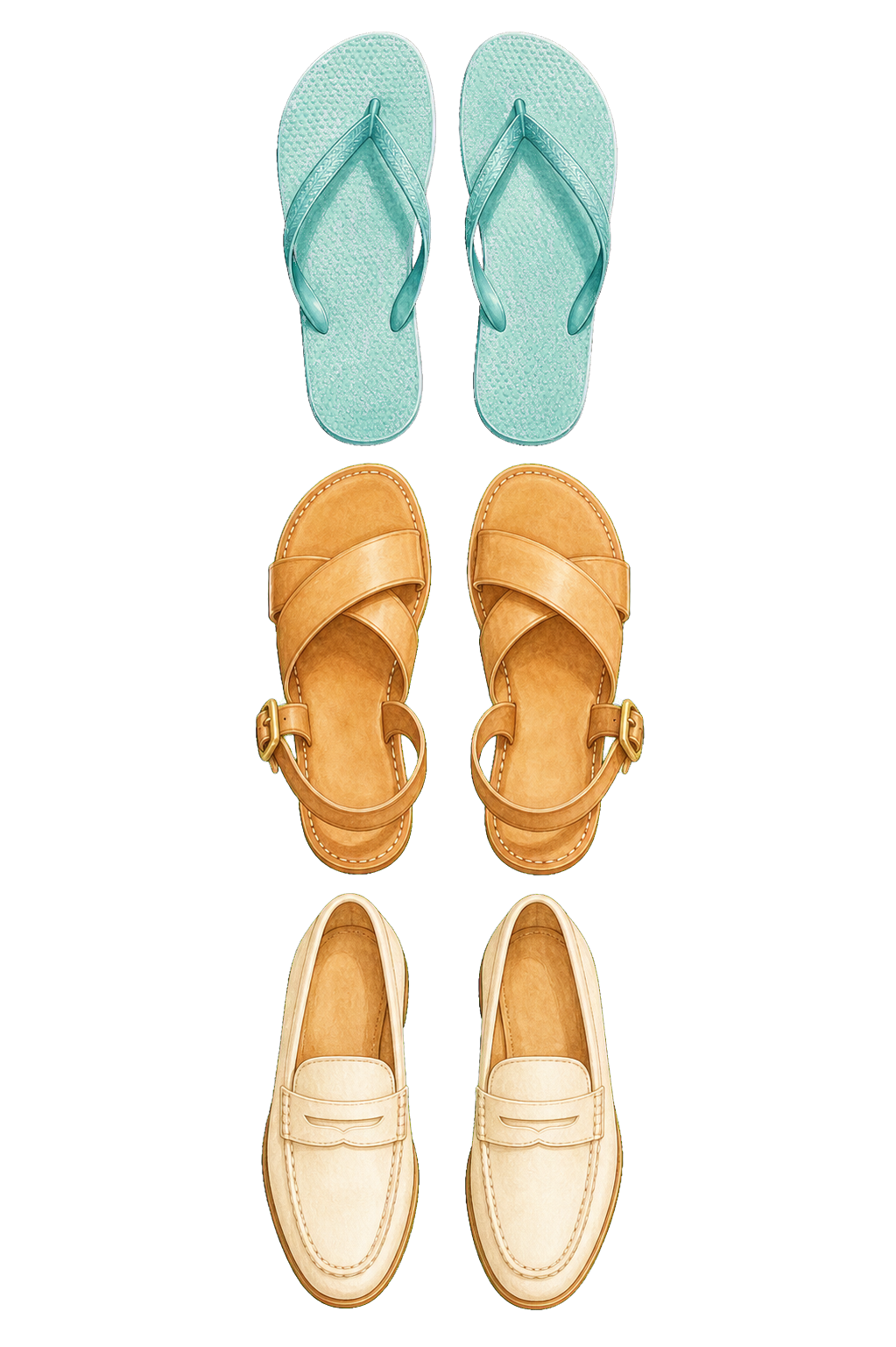Turquoise Sandals Tan Sandals And Cream Loafers