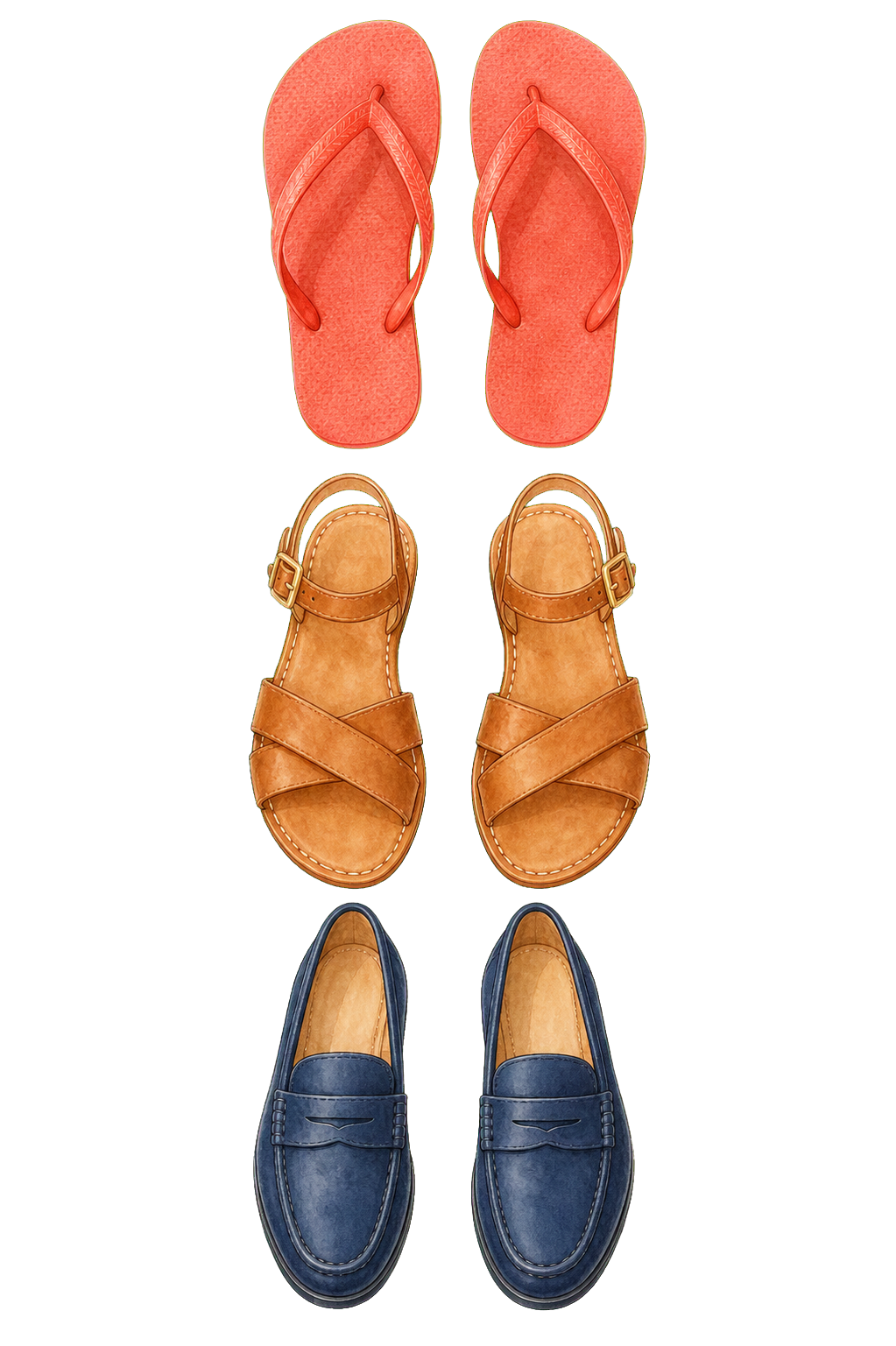 Coral Sandals Cognac Sandals And Navy Loafer