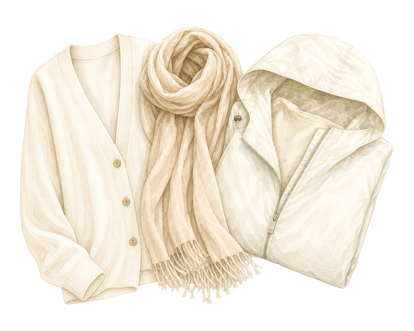 Ivory Cardigan Pashmina And Packable Rain Shell