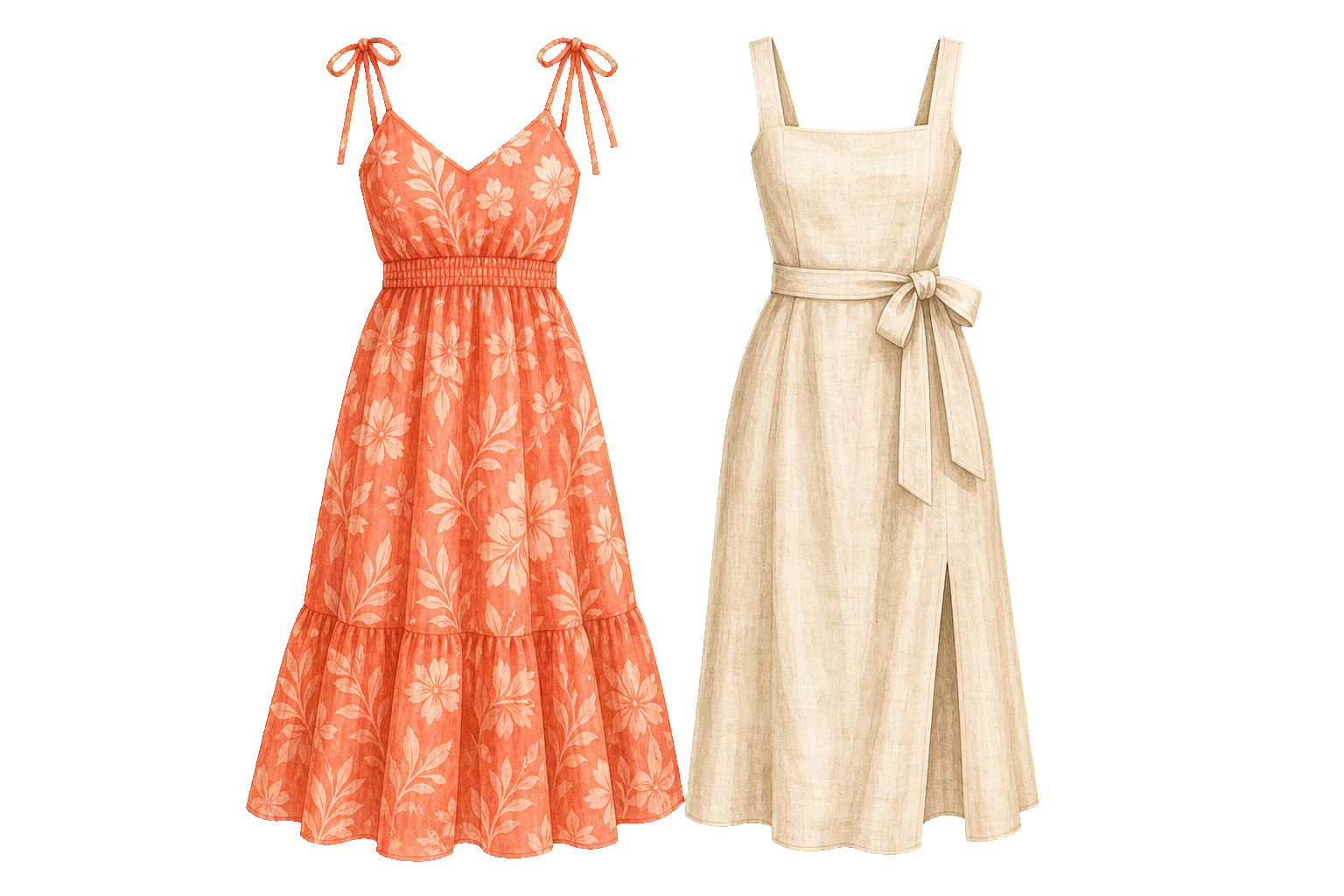 Coral Cotton Sundress And Oat Linen Midi Dress