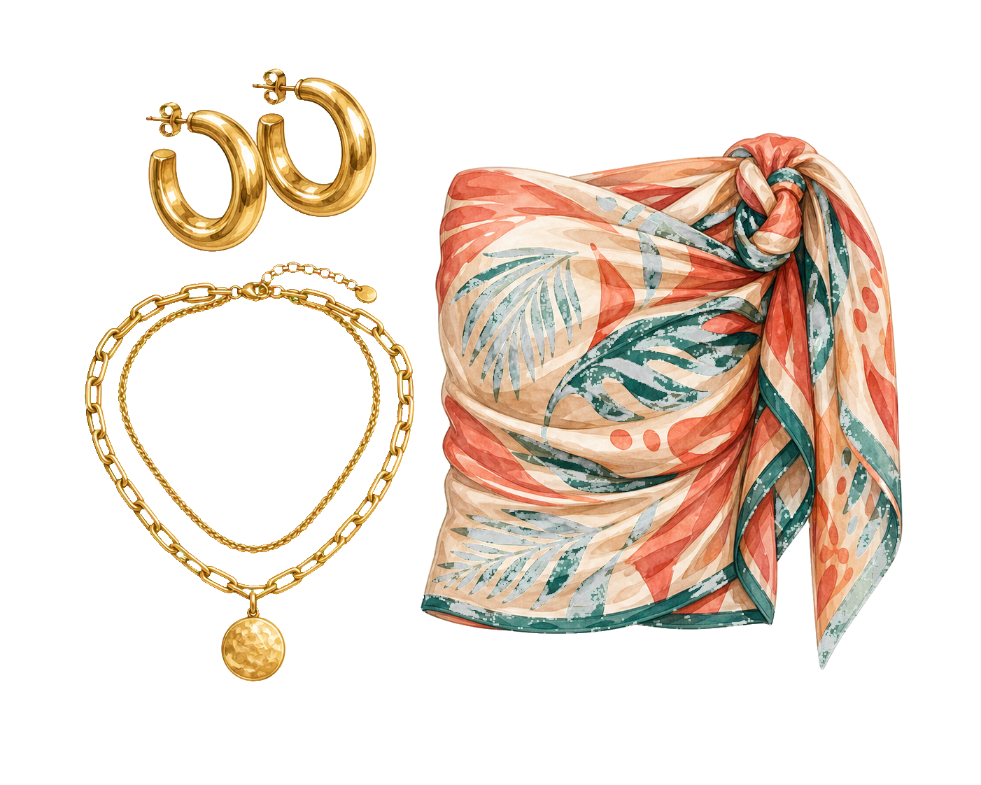 Statement Gold Jewelry And Tropical Silk Evening Piece