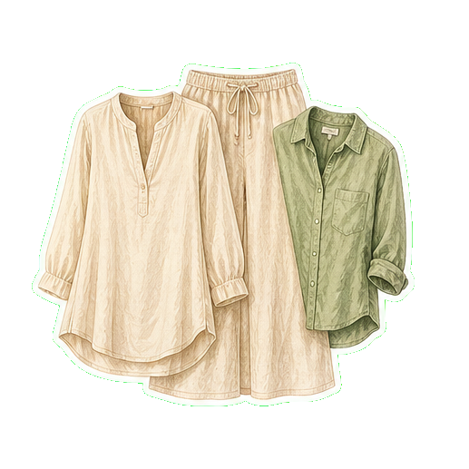 Lightweight cotton long-sleeve tunic or linen wide-leg trouser + cotton blouse