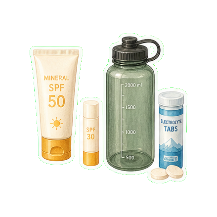 Mineral SPF 50 + lip balm SPF 30 + reusable water bottle 2L + electrolyte tabs
