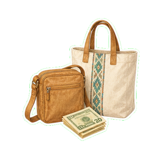 Crossbody bag + cash USD + reusable canvas tote