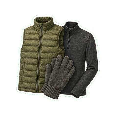 Patagonia Down Sweater vest + lightweight wool gloves + Smartwool merino base