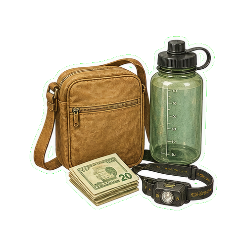 Crossbody bag + reusable water bottle 1L + cash USD + headlamp