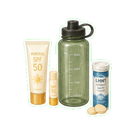 Mineral SPF 50 + lip balm SPF 30 + reusable water bottle 2L + LMNT electrolyte