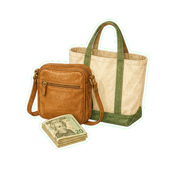 Crossbody bag + cash USD + reusable canvas tote