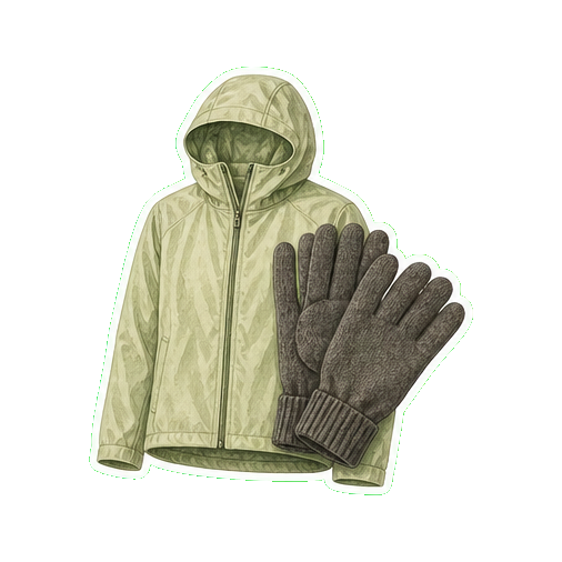 Patagonia Houdini packable shell + lightweight wool gloves at sunrise