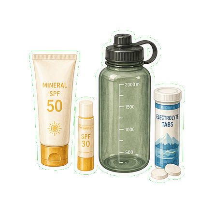 Mineral SPF 50 + lip balm SPF 30 + reusable water bottle 2L + LMNT electrolyte