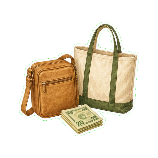 Crossbody bag + cash USD + reusable canvas tote