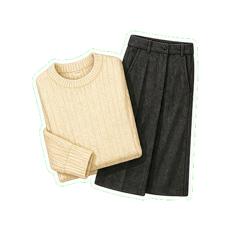 Brunello Cucinelli or Naadam Mongolian-cashmere knit + dark wool wide-leg trouser