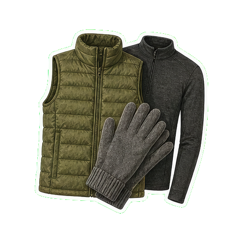 Patagonia Down Sweater vest + lightweight wool gloves + Smartwool merino base
