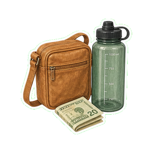 Crossbody bag + reusable water bottle 1L + cash USD