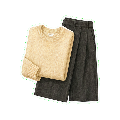 Brunello Cucinelli or Naadam Mongolian-cashmere knit + dark wool wide-leg trouser