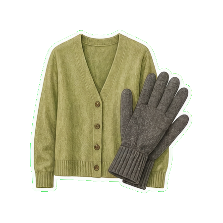 Lightweight cashmere cardigan or merino layer + lightweight wool gloves