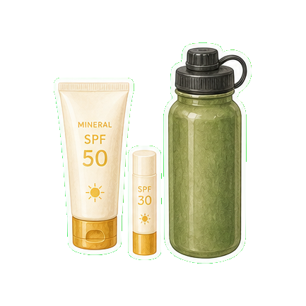Mineral SPF 50 + lip balm SPF 30 + reusable water bottle 1L