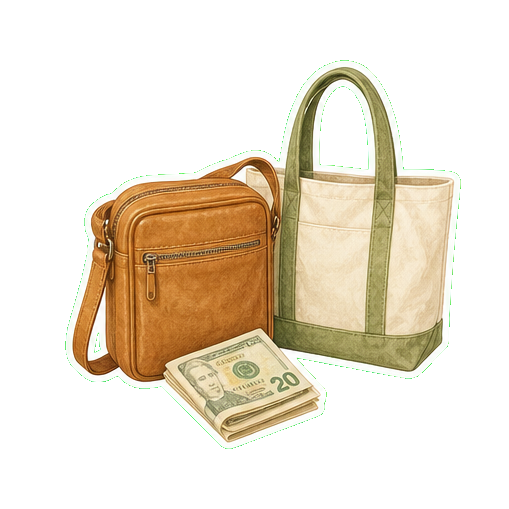 Crossbody bag + cash USD + reusable canvas tote