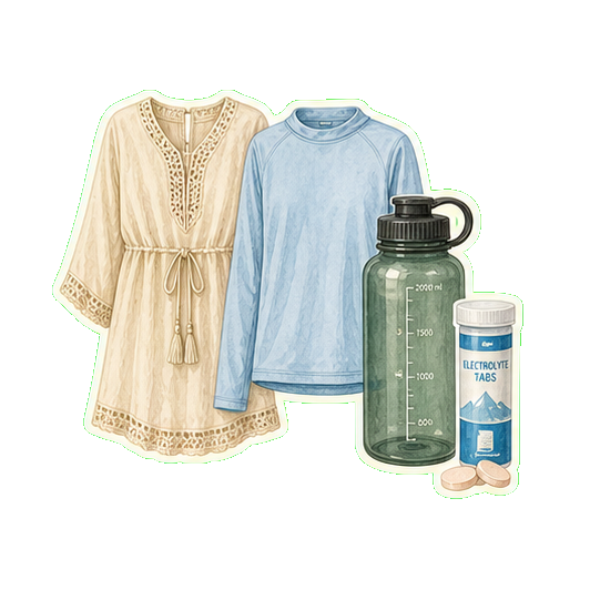Swim cover-up + UPF 50 sun shirt + reusable water bottle 2L + electrolyte tabs