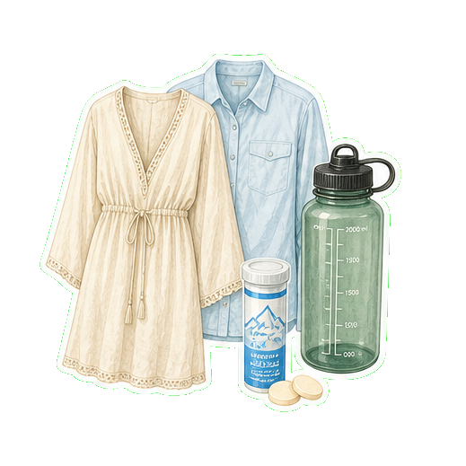 Swim cover-up + UPF 50 sun shirt + reusable water bottle 2L + electrolyte tabs