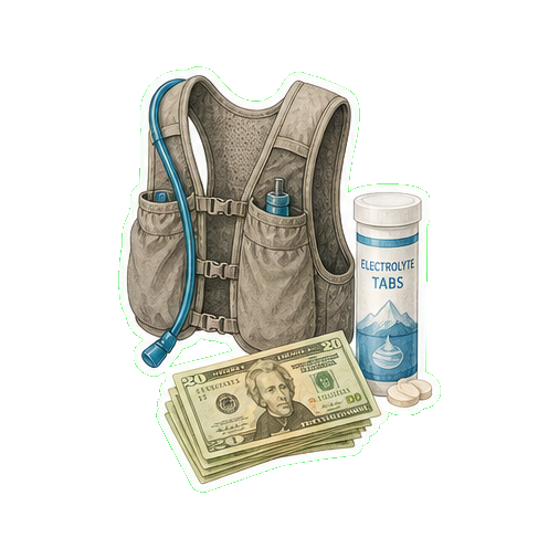 3L hydration vest + LMNT electrolyte tabs + cash USD