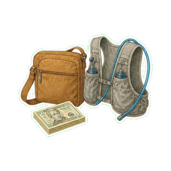 Crossbody bag + 3L hydration vest + cash USD