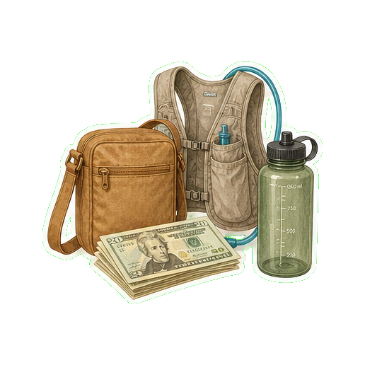 Crossbody bag + 3L hydration vest + cash USD + reusable water bottle