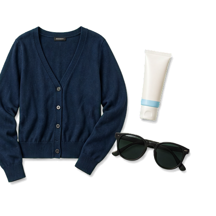 Navy Cardigan SPF And Sunglasses