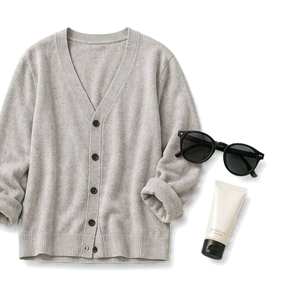Gray Cardigan SPF And Sunglasses