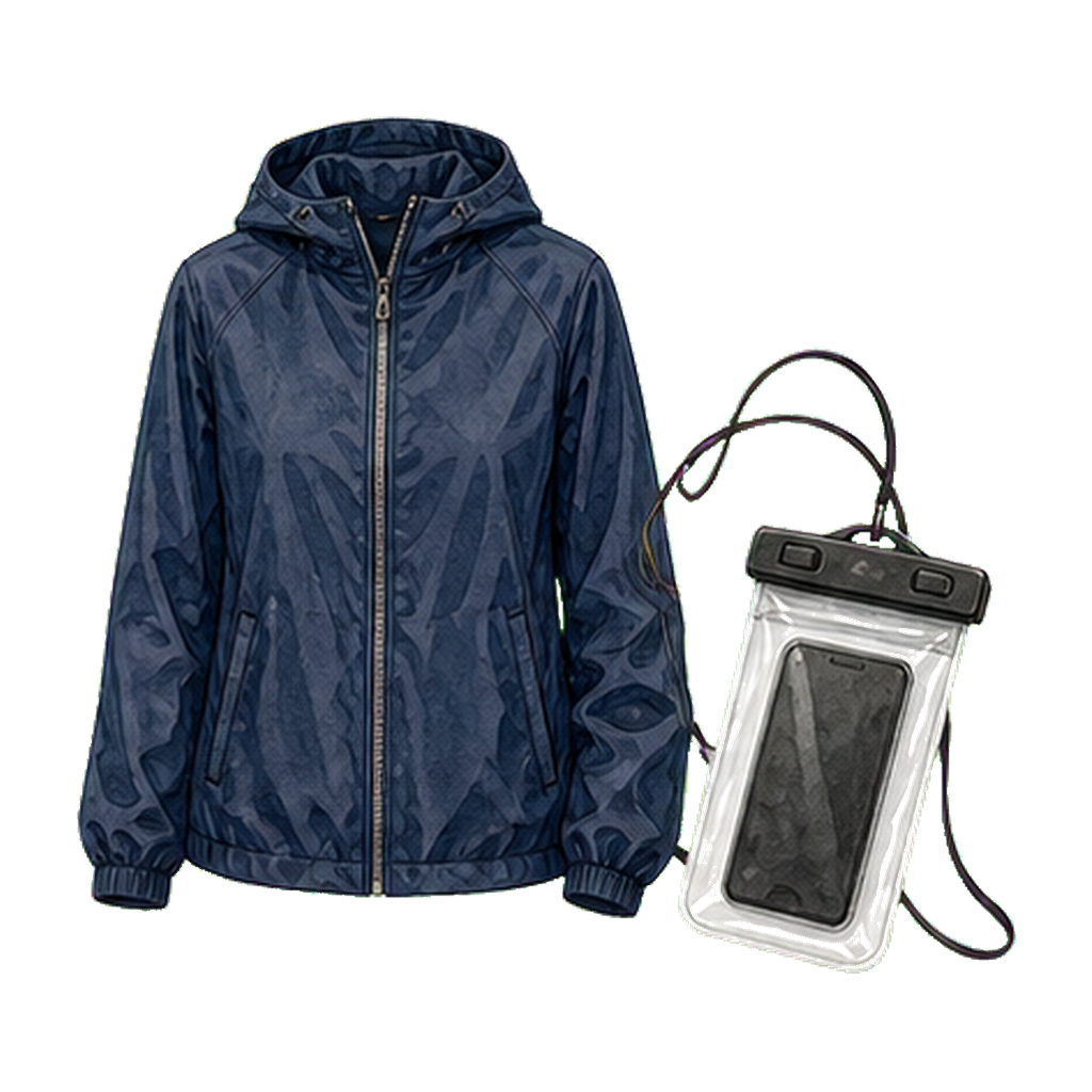 Packable rain shell + waterproof phone pouch