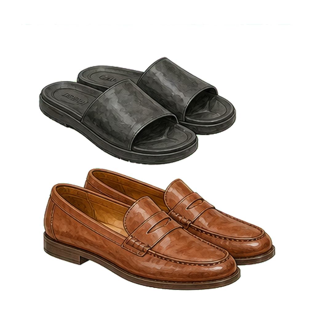 Slip-on sandals + closed-toe loafer