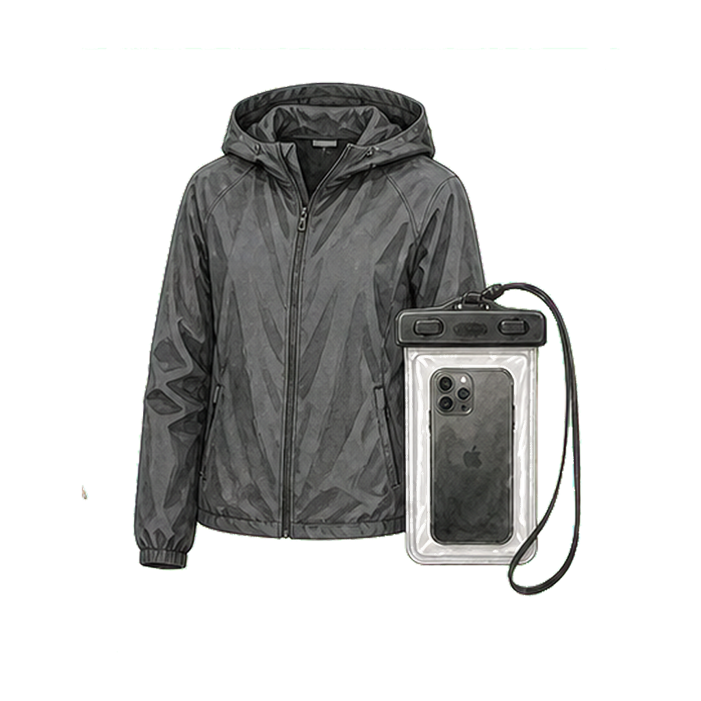 Packable rain shell + waterproof phone pouch