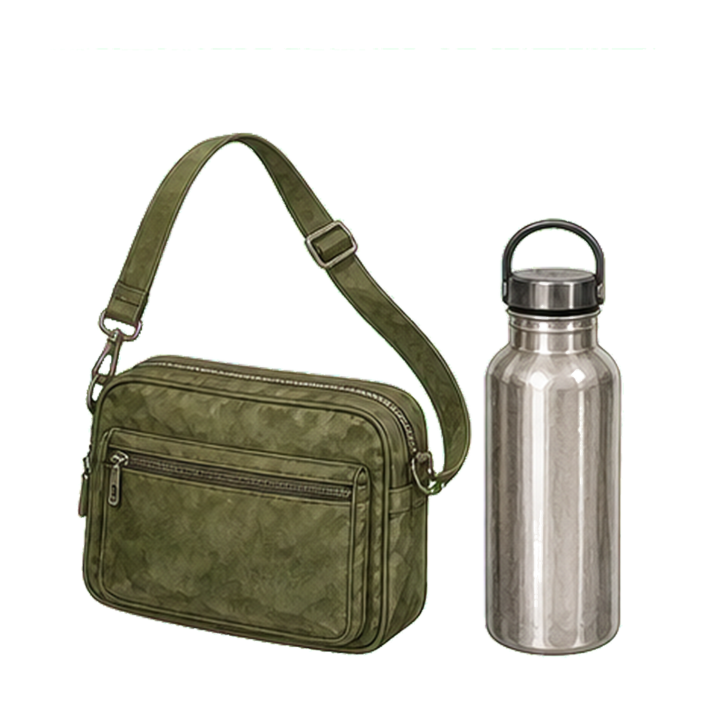 Compact crossbody + reusable water bottle