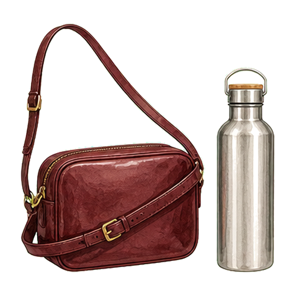 Compact crossbody + reusable water bottle