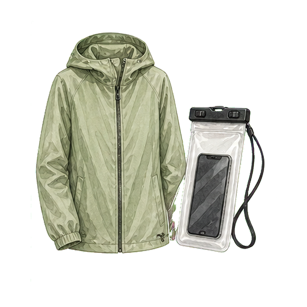 Packable rain shell + waterproof phone pouch