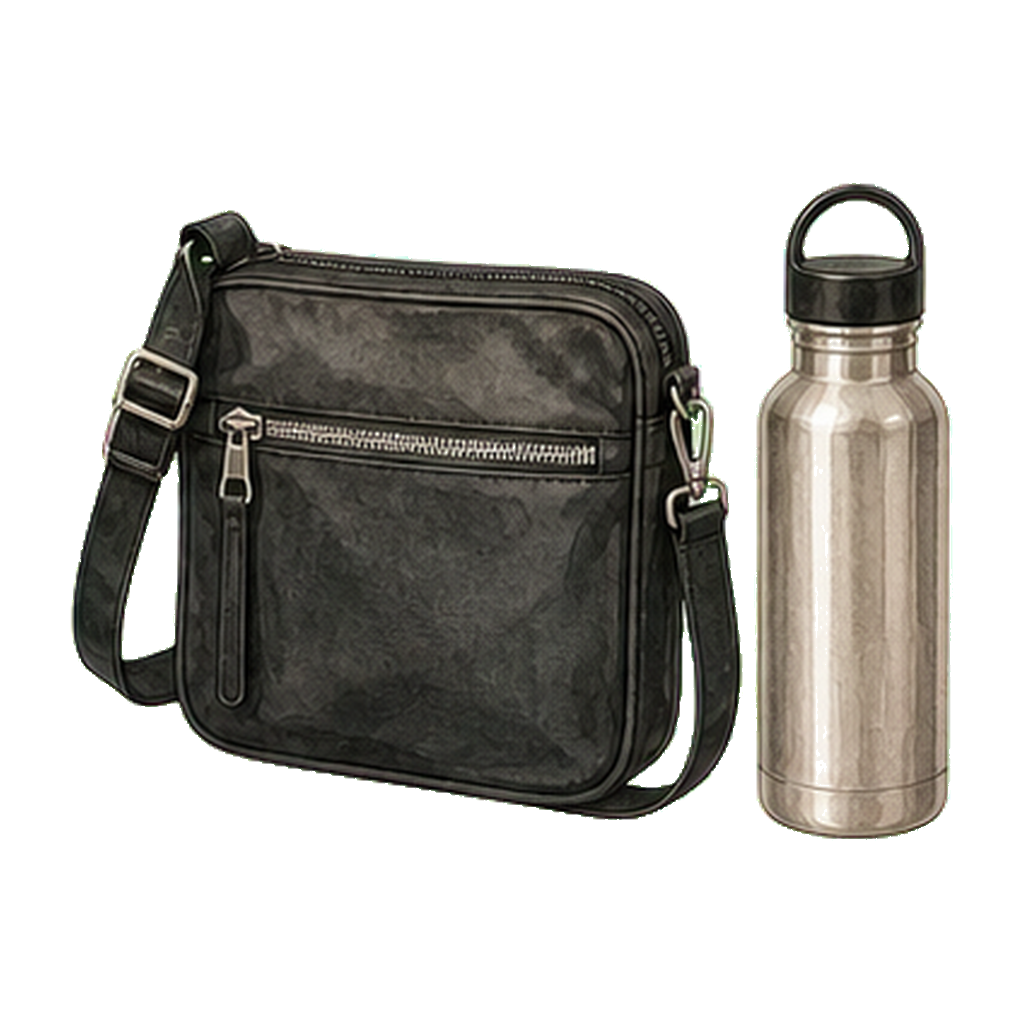 Compact crossbody + reusable water bottle